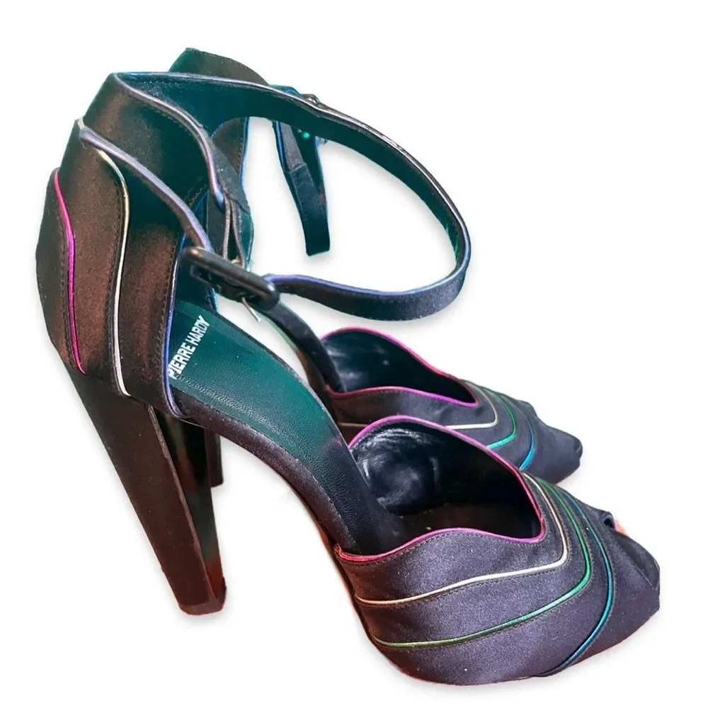 Pierre Hardy Black Satin Neon Trim Peep-Toe Heels Euro 40